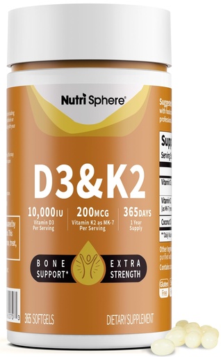 [BRSREYABDMOQG3TK] NutriSphere Vitamin D3 & K2 (MK-7) - 10,000 IU + 200 mcg Supplement D&K, Easy to Swallow, Supports Calcium Absorption - 365 Softgels (1 Year Supply)