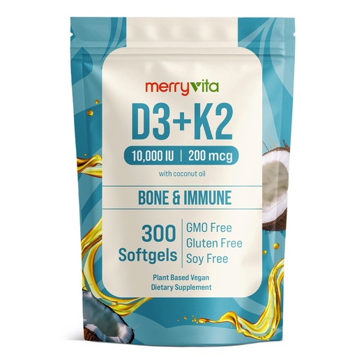 [BRSRACQNAR5GAA3D] MERRY VITA Vitamin D3 K2 300 Softgels – 10000 IU & 200 MCG K2 MK7 – Plant-Based, Vegan, Non-GMO, Gluten-Free – Coconut Oil – Immune, Bone & Muscle Support – D3 con K2 vitamina Supplement