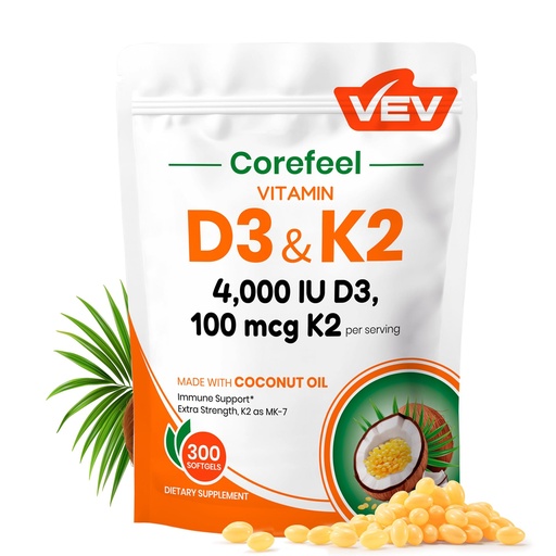 [BRSREHYQOJ4GAA3A] VEV Vitamin D3 K2 4,000 IU, 100 mcg MK-7, 300 Softgels with Coconut Oil, Easy to Swallow K2 D3 Vitamin Supplement, Daily Nutrient Support