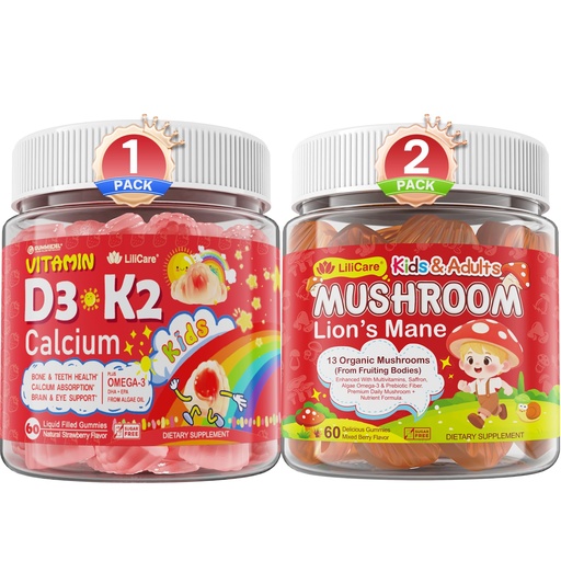 [BRSRGBD2BYMQOCD6] LILICARE Bundle: Mushroom Lions Mane + Vitamin D3 K2 Calcium Gummies