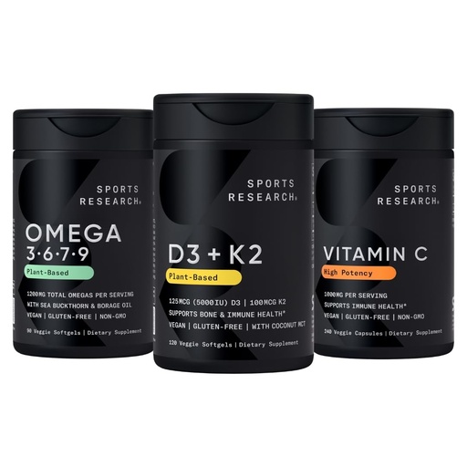 [BRSRGZYYAB6WGET3] Sports Research® Vegan Supplements Pack - Vegan Omega 3-6-7-9 - 1200 mg of Multi-Spectrum Omega Fatty Acids + D3 + K2 + High Potency Vitamin C