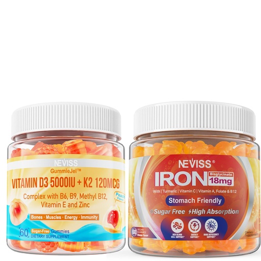 [BRSRAHAEC57GODTH] NEVISS Vitamin D3 5000IU + K2 (MK-7) 120mcg, Sugar-Free Vegan Iron Gummies Supplement with Vitamin C, B12, Folate & Turmeric - Energy & Immune Health