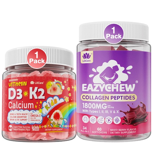 [BRSREC33BEIGGDY2] LILICARE Vitamin D3 K2 + Calcium Liquid-Filled Gummies for Kids & Teens + Collagen Peptides Soft Chews 3000mg for Women & Men