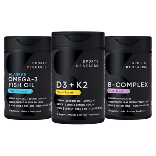 [BRSRGAYBPMMBU2Y2] Sports Research® Multivitamin Pack - Vegan Vitamin D 5000iu & Mk7 Vitamin K 100mcg, Omega-3 Fish Oil 1250mg, and Vitamin B-Complex with Methylated B12 & Folate