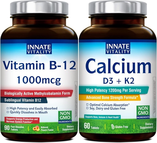 [BRSRGFI2O4FROCT6] Innate Vitality Calcium 1200mg with D3 & K2 + Vitamin B12 1000mcg Methylcobalamin Bundle | Bone Density, Energy Metabolism & Mental Clarity Support | Fast Dissolve Sublingual, Non-GMO, Peach Flavor