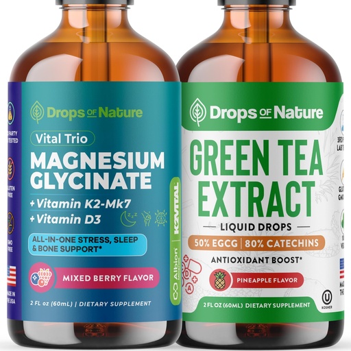 [BRSRGYL7OYJQE2DB] Drops Of Nature Green Tea Extract Liquid Drops (Pineapple, 60mL) & Magnesium Glycinate with Vitamin K2 D3 Drops (Mixed Berry, 60 mL) – Vegan, Gluten-Free – Antioxidant & Daily Mineral Wellness Support