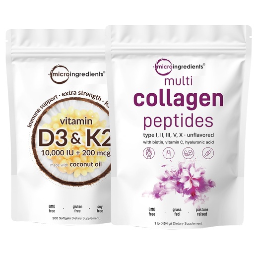 [BRSRAFT4CUMRAADL] Micro Ingredients Vitamin D3 10,000iu + K2 200mcg Coconut Oil Softgels & Multi Collagen Protein Powder Bundle 2 Pack | Essential Sunshine Vitamins | Grass-Fed Collagen Peptides