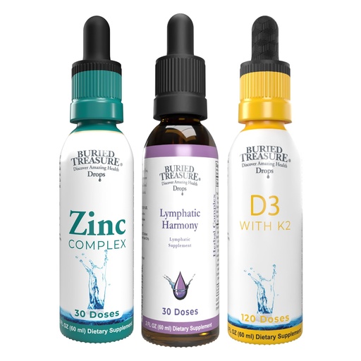 [BRSREZD6CFYAAD34] Buried Treasure Vitamin D3 K2, Ionic Zinc & Lymphatic Harmony, Liquid Drops Supplement Bundle