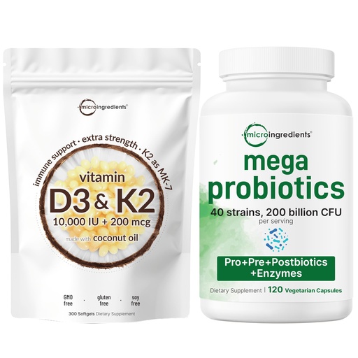 [BRSREFICCMIRA2DA] Micro Ingredients Vitamin D3 10,000iu + K2 200mcg Softgels & Mega Probiotics 200 Billion CFU Veggie Capsules | 2 Pack Bundle | D & K Sunshine Vitamins | 40 Strains + Inulin, Acacia, & Bromelain