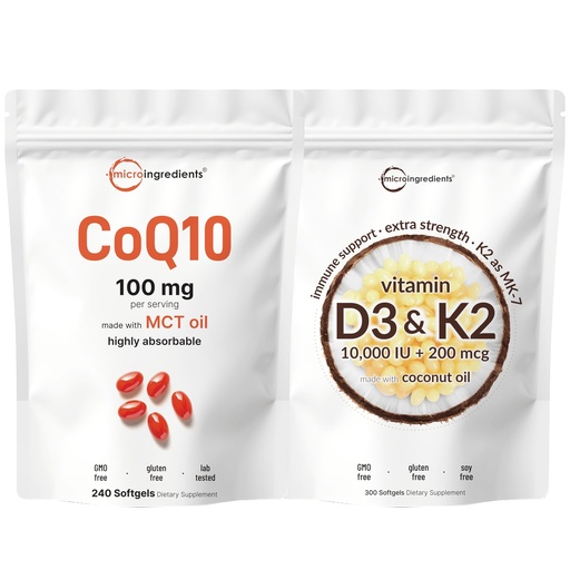 [BRSRACD5OV5G22Y7] Micro Ingredients Vitamin D3 10,000iu + K2 200mcg & CoQ10 100mg Bundle 2 Pack | Essential Sunshine Vitamins | High Absorption Ubiquinone