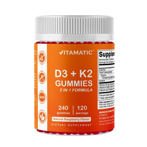 [BRSRAAD6AEHQ2FDO] Vitamatic Vitamin D3 K2 with Calcium Gummies - 240 Count - Non-GMO, Gluten Free