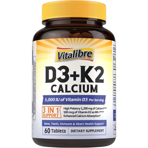 [BRSREHY3B56RAAD5] Vitalibre D3 K2 Calcium Supplement for Women & Men, Vitamin D3 5000 IU, Calcium 1200 mg, MK-7, High Absorption, for Strong Bones, Teeth, Heart, Immune Health, 60 Tablets