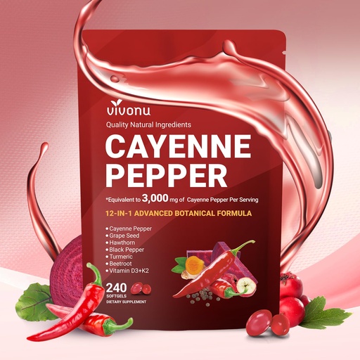 [BRSREGLYCF6RGFDZ] VivoNu Cayenne Pepper Softgels Supplement, Supports Leg Vein, Heart and Blood Vessel Health, with Vitamin E D3+K2 and Extracts of Grape Seed, Hawthorn, Beetroot, Berberine (Softgel / 1 Bag)