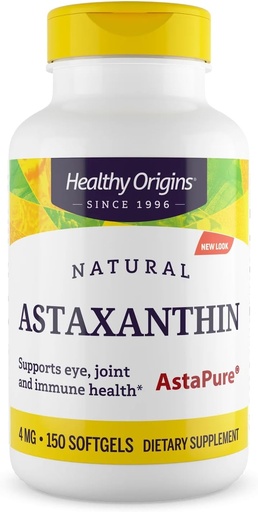 [BRSWIZQYAB7AIDI7] Orígenes saludables Astaxanthin 4 mg (Natural, Astapure, Non-GMO, Gluten Free, Eye Support, Joint Support, Immune Support), 150 Softgels