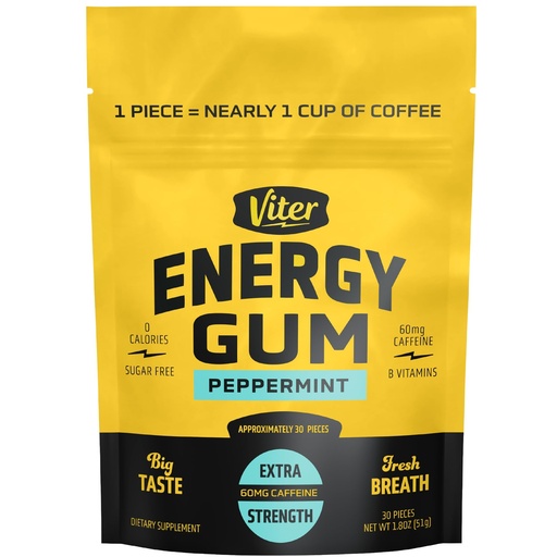 [BRSREYIZBNYREEQ6] Viter Energy 60mg Caffeine Gum (Peppermint Flavor, 30 Pieces) - Sugar Free, Vitamin B3, B6, B9, B12, Zero Calories, Caffeinated Energy Chews, Nootropic Focus Supplement for Men & Women