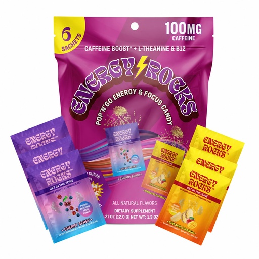 [BRSRAAIKPJ5QICL7] Caffeine Candy - Popping Energy Candy Crystals, 100mg Caffeine, L-Theanine & B12, Fast Energy, No Drink Needed - Coffee Alternative 6-Pack (Cherry Berry & Pineapple Mango)