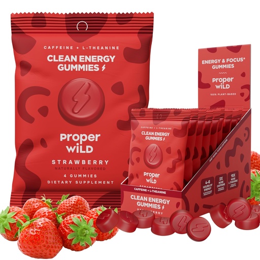 [BRSRABQEBAAQK3T4] Proper Wild Energy Chews & Gummies for Focus & Clean Energy, Vegan with L-Theanine & Organic Caffeine, Plant-Based, Gluten-Free, Non-GMO, Strawberry (10-Pack)