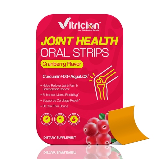 [BRSRAFIKBBYAY3QY] Vitricion Joint Support Oral Strips 30 Fast Dissolving Oral Thin Strips Vegan, Non-GMO Strips with Curcumin, Vitamin D3 & AquaLOX | Supports Joint Health, Mobility & Flexibility | Plant-Based Cranberry Flavour