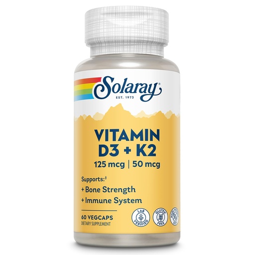 [BRSWIGT5BMIR6DDU] SOLARAY Vitamin D3 K2, K2 D3 Vitamin Supplement for Calcium Absorption, Bone Strength, Cardiovascular & Immune Function Support, Made Without Soy, 60-Day Guarantee, 60 Servings, 60 VegCaps