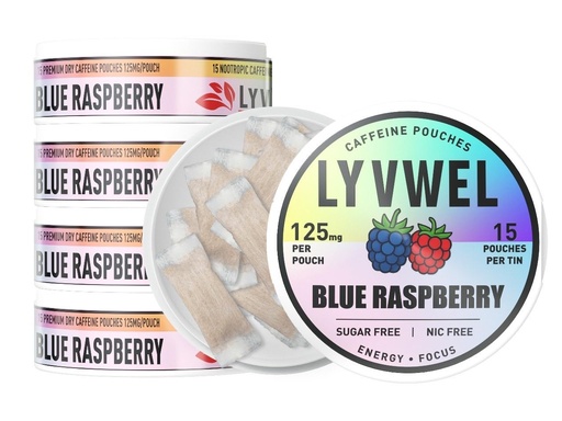 [BRSREHY5OIMQ2ALD] LyvWel 125mg Caffeine Pouches, Guarana-Powered Energy Pouches, Nootropic Pouches, Nicotine Free and Tobacco-Free, 75 Total Pouches, 5 Pack, Blue Raspberry