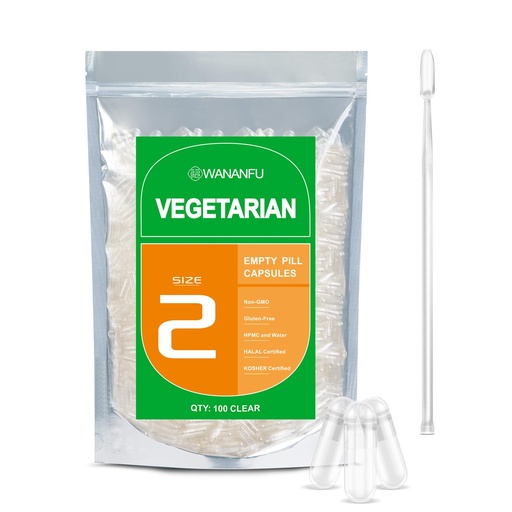 [BRSW2HDYAV4BUYLV] wananfu Size 2 Empty Capsules Vegetarian (100 Count) Bundle with 2 Micro Lab Spoons, Clear Fillable Veggie Pill Capsules Size 2 for Making Your Own Supplements