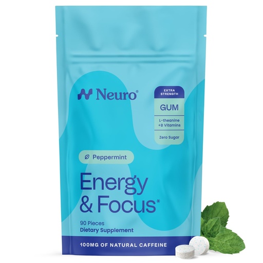[BRSREZL5CUPAICT7] Neuro Energy & Focus Gum, Extra Strength - 100mg Natural Caffeine Gum & Nootropic Energy Supplement with L-Theanine & B Vitamins - Sugar Free, Vegan - Peppermint, 90ct