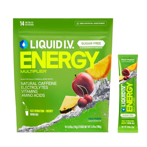 [BRSREAYPBEFQYEI6] Liquid I.V.® Hydration Multiplier Sugar-Free + Energy - Fruit Punch | Electrolyte Powder Drink Mix | 1 Pack (14 Servings)
