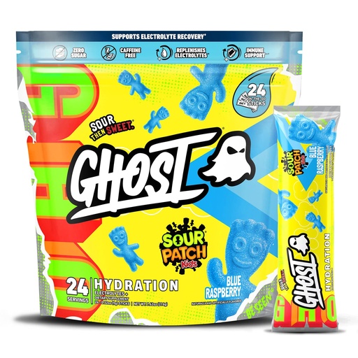 [BRSRMFILBEBGCG3P] GHOST Hydration Packets, Sour Patch Kids Blue Raspberry, 24 Sticks, Electrolyte Powder - Drink Mix Supplement with Magnesium, Potassium, Calcium, Vitamin C - Vegan, Free of Soy, Sugar & Gluten