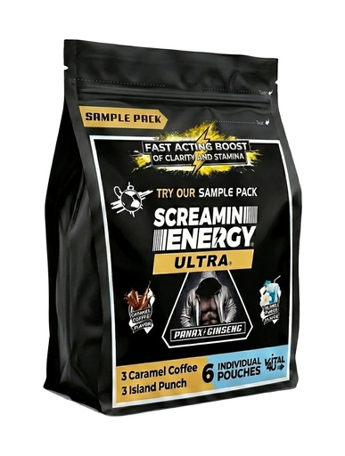 [BRSRGAQLPMIQO33P] Screamin Energy Ultra Sample Pack, 6 Energy Shot Pouches | Caramel Mocha and Island Punch Flavors | Caffeine with Panax Ginseng and B Vitamins