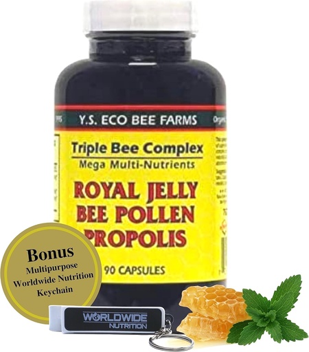 [BRSROZI2OQDQACL4] YS Organics Triple Bee Complex, Royal Jelly, Bee Pollen, Propolis - The Power of Nature Packed in 90 Capsules with Bonus worldwidenutrition Multi Purpose Key Chain