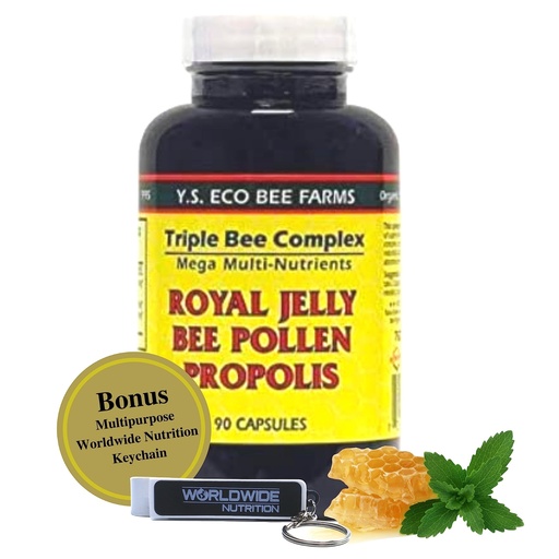 [BRSROZI2OQDQACL4] YS Organics Triple Bee Complex, Royal Jelly, Bee Pollen, Propolis - The Power of Nature Packed in 90 Capsules with Bonus worldwidenutrition Multi Purpose Key Chain