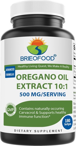 [BRSWYZD6AENGMH36] Brieofood Oregano Oil 10:1 Extract 500 mg per Serving - Contains Naturally Occuring Carvacrol - Healthy Immune Function - 180 Softgels