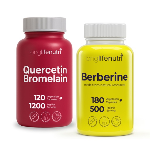 [BRSREHT5BAIRSGT5] LongLifeNutri Quercetin 1000 mg with Bromelain 200 mg & Berberine HCl 500 mg Bundle – 120 + 180 Vegetarian Capsules, 2–6 Month Supply, Botanical Alkaloid Complex, Non-GMO, GMP Certified, Made in USA