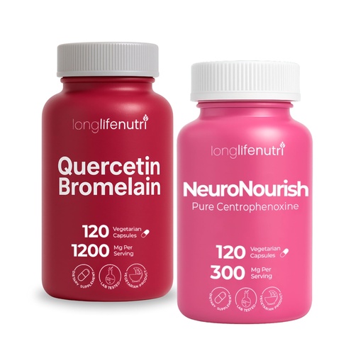 [BRSREGI6CMMRMFDX] LongLifeNutri Quercetin 1000 mg with Bromelain 200mg & Centrophenoxine 300 mg Bundle – 120/120 Vegan Capsules, 2–4 Month Supply, Respiratory Bioflavonoid, Non-GMO, GMP Certified, Made in USA