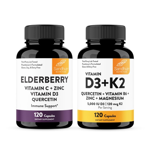 [BRSREYIDOUGQYH3Z] Sandhu's Elderberry & Vitamin D3 K2 with Quercetin Capsules (120 Count Each) | Supports Immune, Muscle Health & Energy