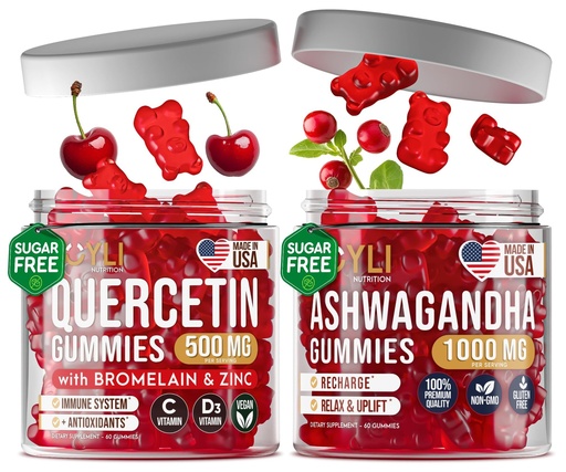 [BRSREYD5OV5AKEQ7] JOYLI Ashwagandha & Quercetin Gummies Bundle – Sugar-Free Vegan Gummies for Focus, Sleep & Immune Support – 1000MG Ashwagandha & 500MG Quercetin with Bromelain, Zinc, Vitamin C, D – 2x60 Chewable Supp