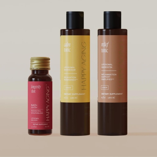[BRSRGYD7CIHGGF3G] Happy Aging Vitality Trio – Longevity Shot + Calm Tonic + Relief Tonic | Energy, Recovery & Immune Support | NAD+ + Magnesium + Quercetin | 3 Units