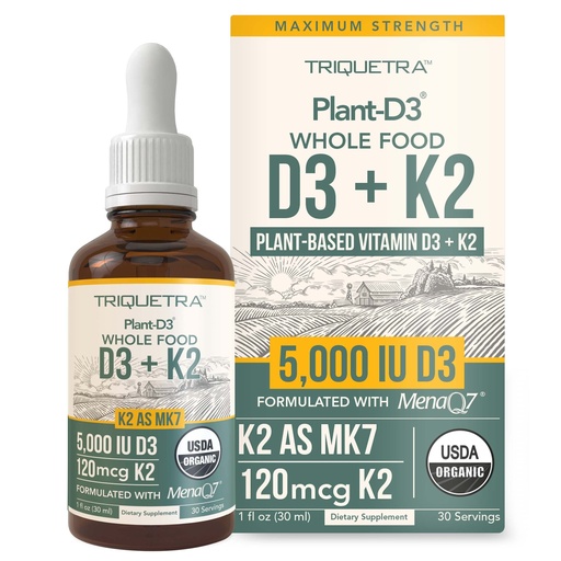 [BRSW2CQZBMBAM3TX] Organic Plant D3 + K2 (5000 iu D3) - All-Trans MK7 from MenaQ7 (120 mcg K2) - 100% Organic & Plant-Based Sublingual D3 Drops (Cholecalciferol), 100% Vegan - Supports Immunity, Bone(1oz)