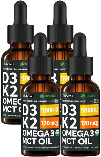 [BRSW2BQTCJ5QE2TL] (4 Pack) Organic Vitamin D3 K2 Drops with MCT Oil & Omega 3 - Liquid Vitamin D3 5000 IU - K2 D3 Vitamin Supplement - Vitamin D Drops for Women & Men - No Fillers, Non-GMO, GMP, Unflavored (4 Fl Oz)