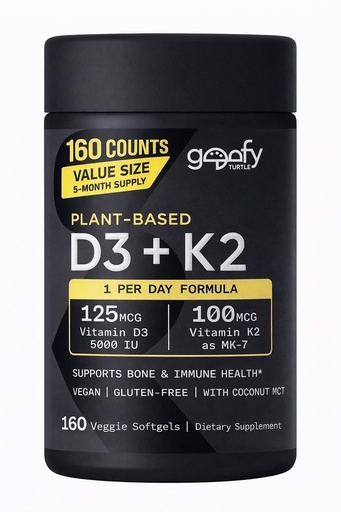 [BRSRGEI5BF6BGD3P] Sports Vitamin D3 K2 with 5000iu of Plant-Based D3 & 100mcg of Vitamin K2 as MK-7, Non-GMO Verified & Vegan Certified - 160 Liquid Softgels