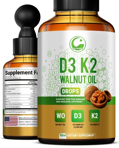 [BRSREFQ3ABYAI3Q7] LEGRANO Liquid Vitamin D3 K2 Drops 10,000 IU with Walnut Oil, 200mcg MK7 – High Potency D3 + K2 Supplement for Bone *, Muscle & Immune Support * – Non-GMO, 1 *Month Supply