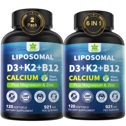 [BRSRAGA3O4HQIHY7] 6-in-1 Liposomal Vitamin D3 K2 Calcium Supplement - Plant Based Calcium 600mg with Vegan Vitamin D3 5000 iu + Vitamin K K2 MK7 + B12, Algae Ca-lcium Magnesium Zinc for Bone, Softgels, 2 Pack