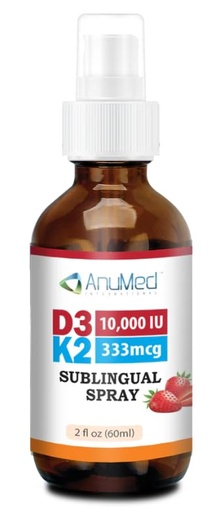 [BRSREFL2AUMGMYLD] ﻿Vitamin D3 + K2 10,000 IU Sublingual Spray – Strawberry Flavor – 2 fl oz (60 mL) – AnuMed – Fast Absorbing, MCT Oil-Based, Sugar-Free