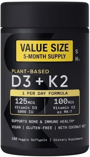 [BRSRGFQHBMBQKHLF] Sports Vitamin D3 K2 with 5000iu of Plant-Based D3 & 100mcg of Vitamin K2 as MK-7, Non-GMO Verified & Vegan Certified - 160 Liquid Softgels
