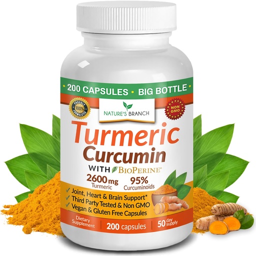 [BRSWKZL5C4AQ22LE] Turmeric Curcumin Supplement 2600mg | Organic Turmeric Powder - 95% Curcuminoids, 200 Capsules - Extra Strength for Joint Support with Black Pepper - High Absorption, BioPerine Extract, Vegan Pills