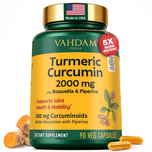 [BRSREHQNCQPGMELB] VAHDAM, Turmeric Curcumin Supplement 2000mg (500mg Curcuminoids) with Boswellia & Piperine for Fast Absorption | Supports Joint Health and Mobility | 90 Capsules