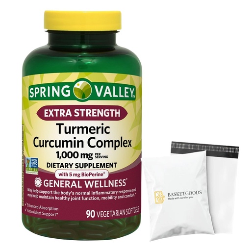 [BRSREEA2CMHBSHY3] Spring Valley Turmeric Curcumin 1000 mg- Complex Extra Strength 90 softgels (Pack of 1), Set by Basket Goods