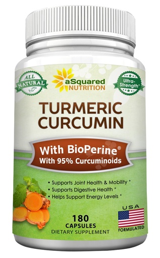 [BRSWECQ2CB7AYCIU] aSquared Nutrition Turmeric Curcumin 1600mg with BioPerine Black Pepper Extract - 180 Capsules with 95% Curcuminoids, 100% Natural Tumeric Root Powder Supplements, Natural Joint Stiffness Relief Pills