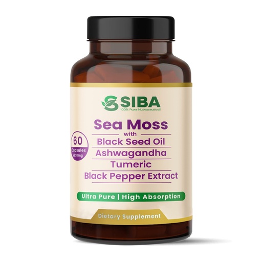 [BRSRAAIOCMMBSFDZ] SIBA Ultra Pure Sea Moss Blend – Vegan Capsules with Sea Moss, Black Seed Oil, Ashwagandha, Turmeric & Black Pepper – Supports Overall Wellness – 60 Count