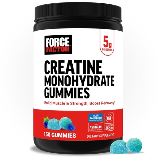 [BRSREBI7OUCRO3LP] Force Factor Creatine Monohydrate Gummies, NSF Certified, 5g Dose for Men & Women to Support Muscle, Strength, Recovery, Cognitive Health & Memory, Packaging May Vary, Blue Raspberry, 150 Gummies
